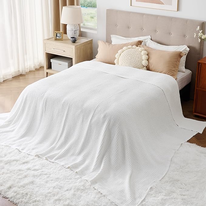 Bedsure Gentlesoft 100% Cotton Big Blanket Oversized King for Bed - Large Breathable Thick Cooling Waffle Weave Blanket for Summer, Couch Cover, White, 120x94 inches