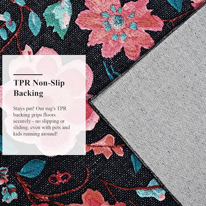 CRYPTOLITE 9x12 Area Rug for Living Room Clearance, Modern Washable Rug Non Slip Low Pile Floral Rugs for Living Room, Bedroom, Farmhouse, Dining Room, Kids Playroom, Black