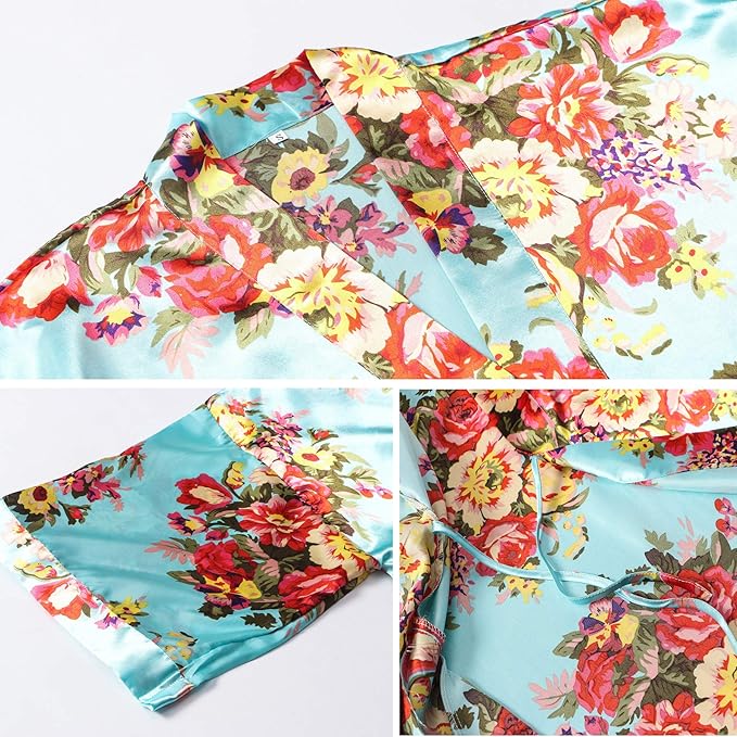 Women's Floral Satin Robes Bride Bridesmaid Getting Ready Robe Short Silky Kimono Sleepwear for Wedding Party