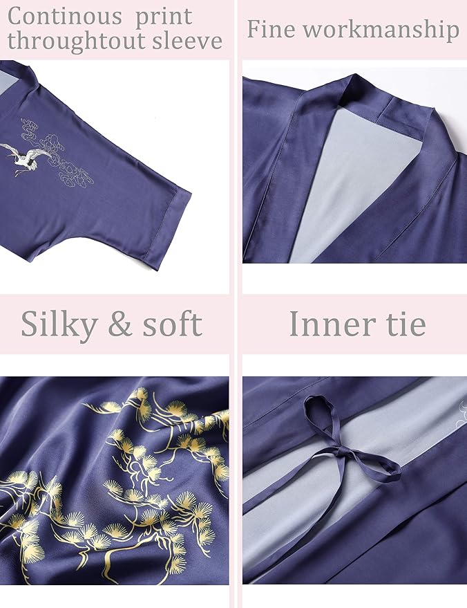 Aensso Long Soft Lightweight Silky Kimonos Robes for Women, Luxury Japanese Floral Womens Kimono Robe