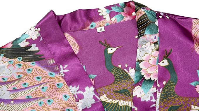 Valennia Women Long Silky Bathrobe Satin Kimono Robe Floral Printed Dressing Gown Sleepwear