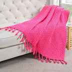 Chunky Knit Throw Blanket with Braided Tassels 50" x 60", Hand Knitted Soft Thick Yarn Basket Weave Boho Farmhouse Blanket, Plush Fluffy Tassel Decor Throw for Couch Bed Sofa, Hot Pink