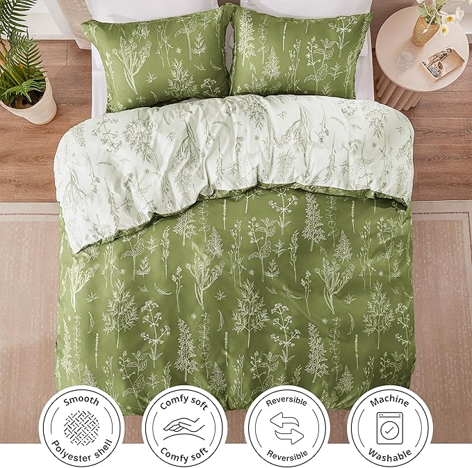 Love's cabin Olive Green Queen Comforter Set - Queen Size Comforter Set, 3 Pieces Cute Floral Bedding Sets for All Seasons,1 Soft Reversible Botanical Flowers Comforter and 2 Pillow Shams
