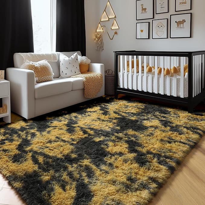 Amdrebio Black Gold Yellow Grey Rugs for Bedroom Living Room Decor, Fluffy Furry Fuzzy Shaggy Area Rug 5x7 for Kids Room Dorm Home Office, Modern Cool Leopard Cheetah Shag Carpet for Teen Boys Men