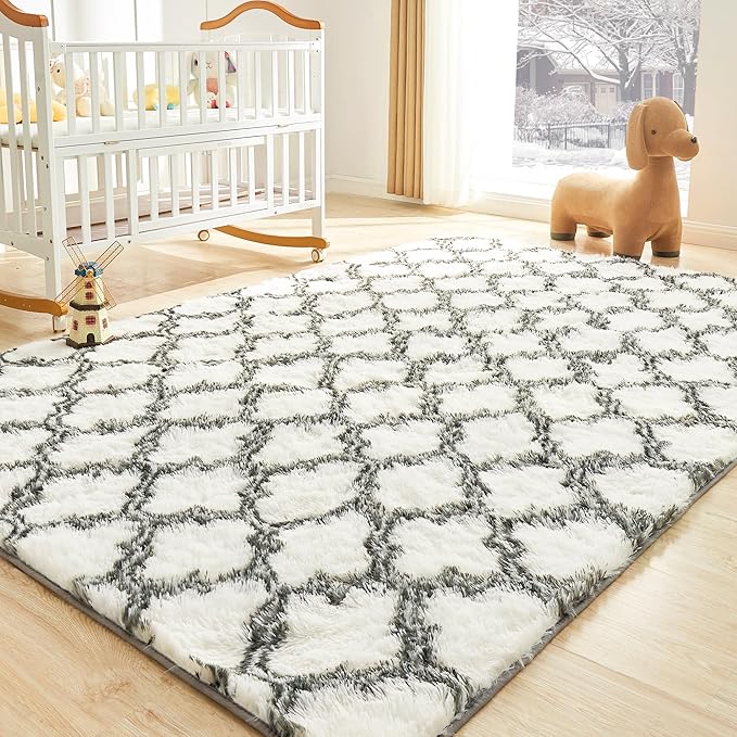 Litanika 5x8 Geometric Shag Area Rug for Bedroom, White and Grey High Pile Ultra Soft Plush Shaggy Furry Bedside Playroom Dorm Carpet, Non-Slip, Non-Shedding Indoor Floor Rug