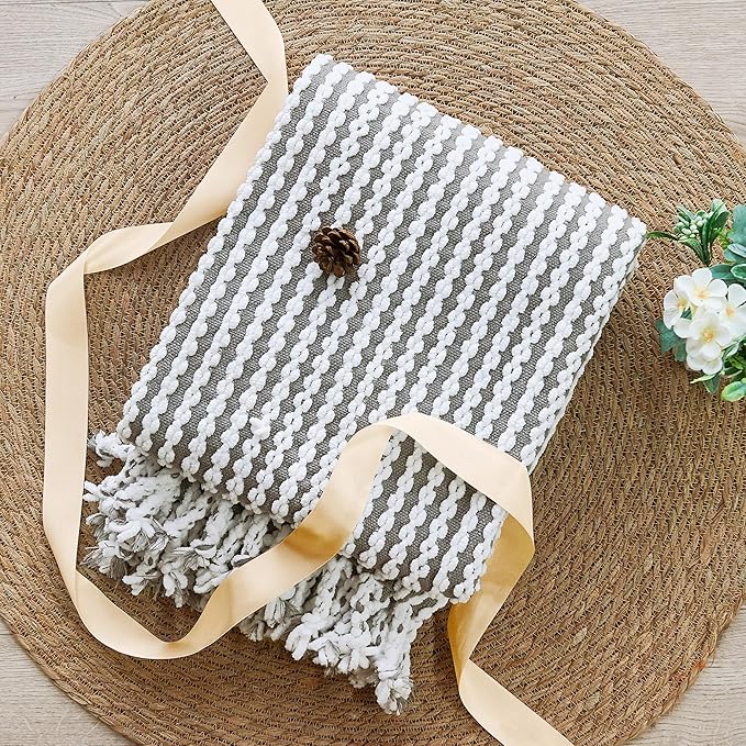 Striped Knit Throw Blanket with Braided Tassels 50" x 60", Hand Knitted Soft Chunky Chain Design Boho Farmhouse Blanket, Two Tone Tassel Decor Throw for Couch Bed Sofa Outdoor, Gray White