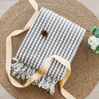 Striped Knit Throw Blanket with Braided Tassels 50" x 60", Hand Knitted Soft Chunky Chain Design Boho Farmhouse Blanket, Two Tone Tassel Decor Throw for Couch Bed Sofa Outdoor, Gray White