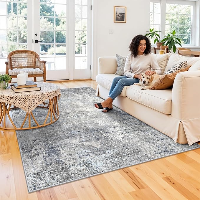 5x7 Washable Area Rug – Modern Neutral Abstract Rug for Living Room Bedroom Kitchen Dining Room Home Office – Non-Slip Low-Pile Thin Indoor Carpet with Rubber Backing (Blue Grey,5x7)