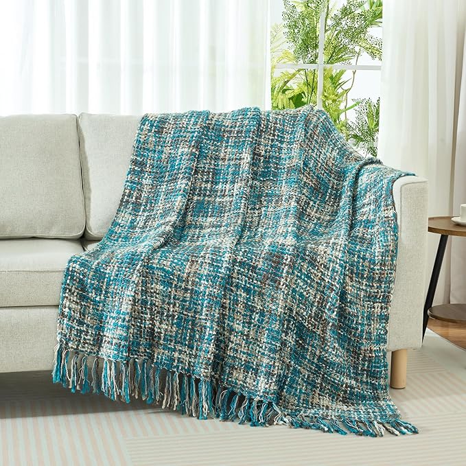 Multi-Color Teal Cable Woven Throw Blanket for Couch,60"X80" Boho Style Textured Blankets for Home Decor,Super Soft Warm Cozy Chunky Blanket with Decorative Tassels for Bed and Sofa