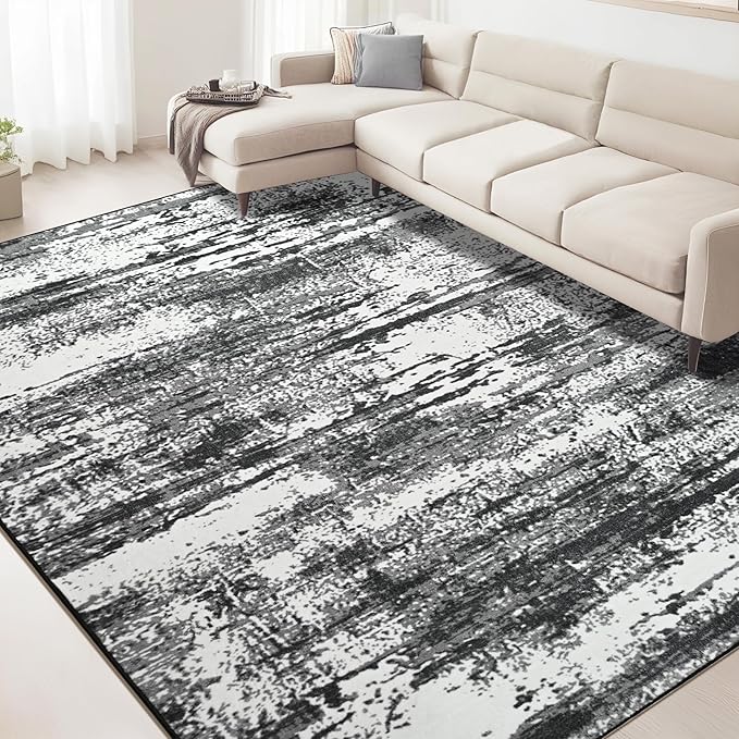 Modern Abstract Rug 8x10 Washable Area Rug for Living Room, Large Living Room Rug for Bedroom Non-Slip Low Pile Soft Faux Wool Indoor Carpet for Dining Room Playroom Kids Room Office Home Decor, Black