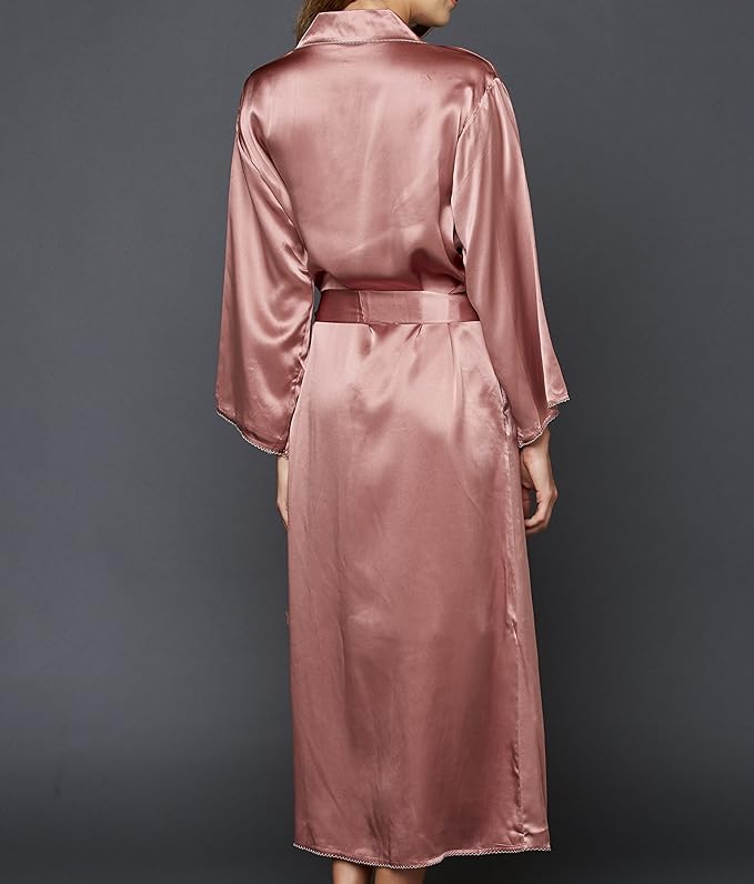 Julianna Rae Women's Silk Robe, 54" Full Length, Lace Trim, Relaxed Fit, Evening Stroll Collection, Lingerie