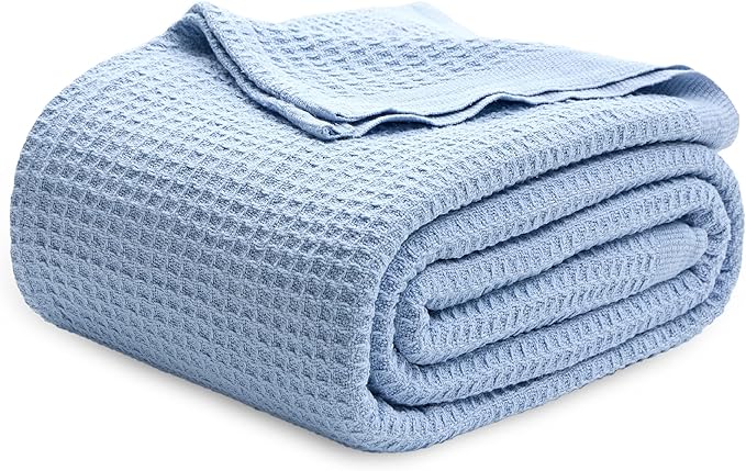 Bedsure Gentlesoft 100% Cotton Blue Blanket Queen Size for Bed - Cooling Breathable and Soft for Spring Summer, Thick Cozy Waffle Weave Blanket Gifts for Women, Sky Blue, 90x90 Inches