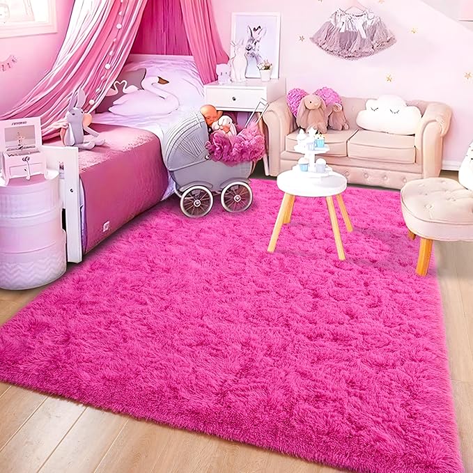 ISEAU Fluffy Rug Carpets Soft Shaggy Area Rugs Indoor Floor Mats for Kids Room Fuzzy Carpet Comfy Cute Nursery Mat Bedside Rug for Boys Girls Bedroom Living Room Home Decor Mat, 3ft x 5ft, Hot Pink