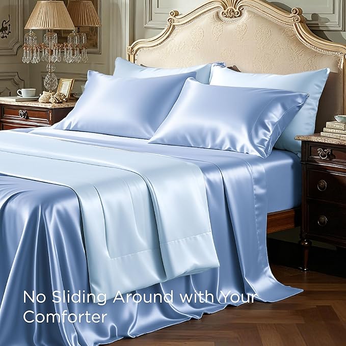 Bedsure Satin Sheets Queen Size - 4 Piece Silky Bedsheets with 15 Inches Deep Pocket Fitted Bedsheet,1 Flat Sheet, 2 Satin Pillowcases, Good for Hair & Skin (Queen, Sky Blue)