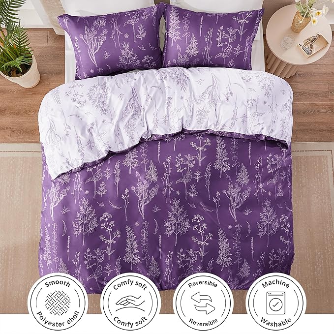 Love's cabin Dark Purple Comforter Set Queen - Queen Size Comforter Set, 3 Pieces Cute Floral Bedding Sets for All Seasons,1 Soft Reversible Botanical Flowers Comforter and 2 Pillow Shams