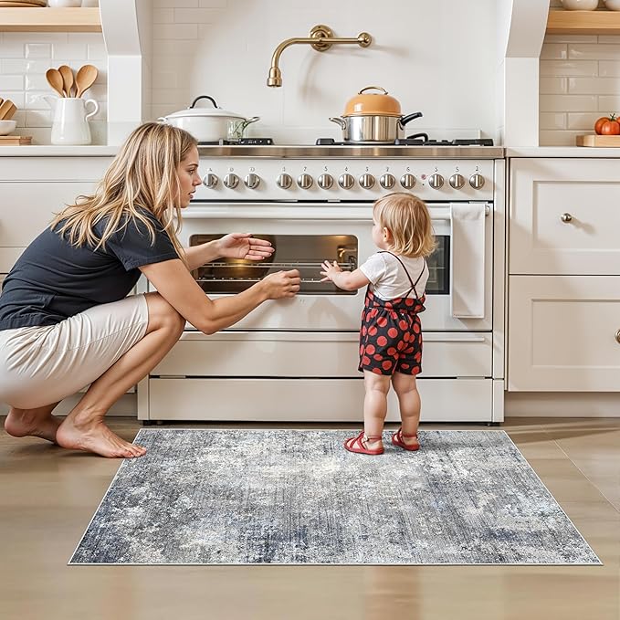 2x4 Runner Rug Washable Non-Slip – Small Throw Rug for Kitchen Floor, Bedroom, Entryway, Bathroom, Bedside – Modern Abstract Neutral Low-Pile Thin Indoor Door Mat（Blue Grey,2x4）