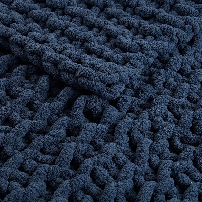 Madison Park Chenille Chunky Knit Handmade Throw Blanket, Luxuriously Soft Gift Blankets, Cottage Style Room Décor, Lightweight & Breathable All Seasons Throw Blanket for Couch, 50"W x 60"L Navy Blue