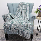 Multicolored Chenille Knitted Throw Soft Cozy Fluffy Reversible Boho Plaid Throw Blanket with Tassels for Couch Chair Bed Cover Living Room Bedroom Décor, 50" x 60", Gray Blue
