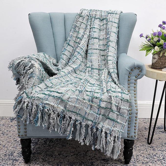 Multicolored Chenille Knitted Throw Soft Cozy Fluffy Reversible Boho Plaid Throw Blanket with Tassels for Couch Chair Bed Cover Living Room Bedroom Décor, 50" x 60", Gray Blue