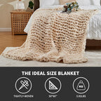 Chunky Knit Soft Throw Blanket - Cream - Chunky Chenille Cable Knitted Fluffy & Warm Chunky Throw Blanket with Woven Bag for Boho Home Decor, Handmade Large Knit Blanket for Bed & Couch 50" x 60"
