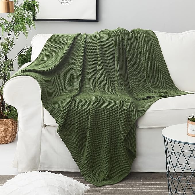 Longhui bedding Olive Green Cotton Cable Knit Throw Blanket for Couch Sofa Bed, Home Decorative Lightweight Knitted Blankets with Bonus Laundering Bag, 60“ x 80”, Machine Washable