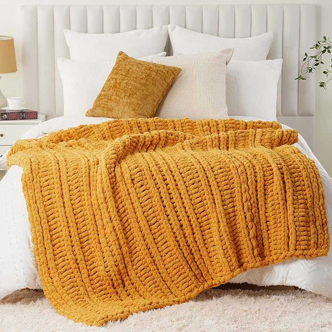 Battilo Mustard Yellow Throw Blanket for Couch, Chunky Knit Throw Blanket, 50"x60", Gold Fall Throw, Super Soft Cozy Warm Chenille Knit Blankets for Bed, Sofa, Living Room