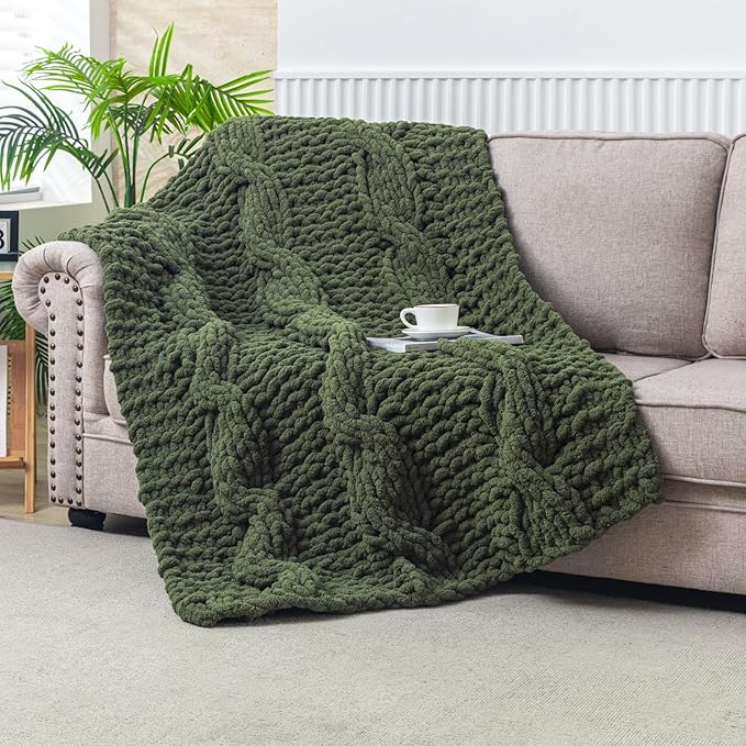 WESHIONGOO Chunky Knit Blanket Throw 50"×60" Knitted Throw Blankets for Couch Bed Fluffy Soft Blanket with Jumbo Chenille Yarn Thick 100% Handmade (Olive Green)