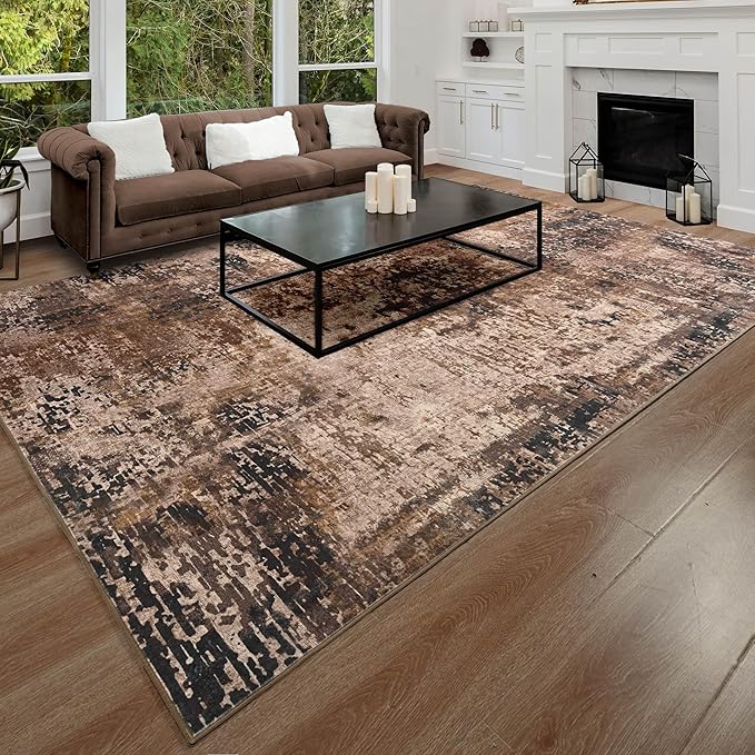 Area Rug 8x10 Washable Rugs Modern Abstract Area Rug Soft Non-Slip Non-Shedding Faux Wool Stain Resistant Floor Carpets for Living Room Bedroom Dining Room Kids Room Home Office (Brown)