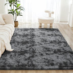 Litanika 8x10 Shag Area Rug for Living Room Bedroom, Tie-Dyed Dark Grey High Pile Soft Plush Shaggy Furry Bedside Playroom Dorm Carpet, Non-Slip, Non-Shedding Modern Indoor Floor Rug