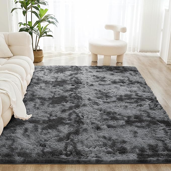 Litanika 8x10 Shag Area Rug for Living Room Bedroom, Tie-Dyed Dark Grey High Pile Soft Plush Shaggy Furry Bedside Playroom Dorm Carpet, Non-Slip, Non-Shedding Modern Indoor Floor Rug