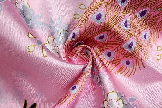 Valennia Women Long Silky Bathrobe Satin Kimono Robe Floral Printed Dressing Gown Sleepwear