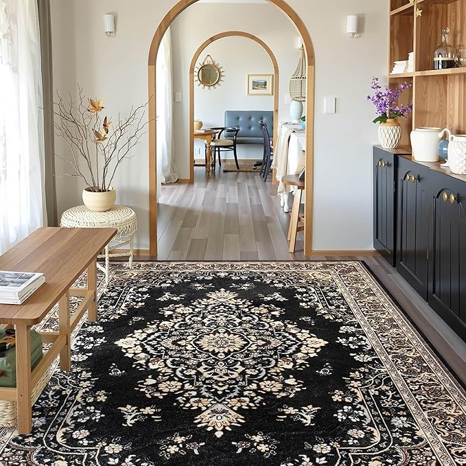 CRYPTOLITE 9x11 Area Rug for Living Room, Modern Washable Rug Non Slip Low Pile Large Area Rugs for Living Room, Bedroom, Farmhouse, Dining Room,Black