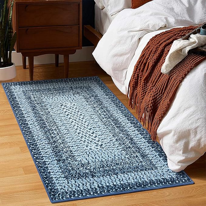 RUGSREAL 2x3 Entryway Rug Small Bedroom Area Rug Braided Printed Mat for Living Room Farmhouse Kitchen Mat Indoor Non Slip Rustic Throw Carpet Machine Washable Rug for Sink Under Table, Blue
