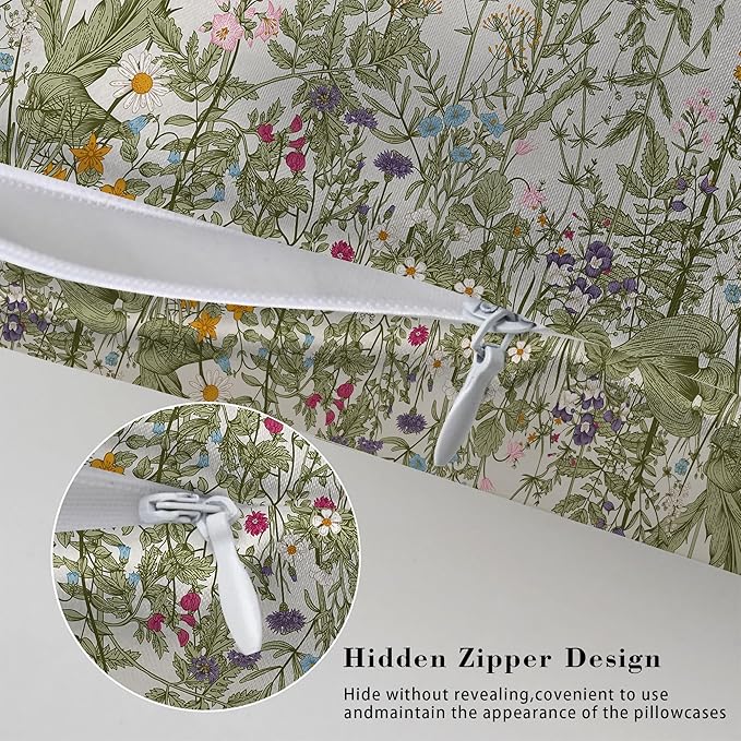 Silk Like Pillowcase for Hair and Skin Herbs and Wildflowers 1 Pack Satin Pillowcase with Hidden Zipper Soft Breathable Smooth Cooling Pillow Cover King Size for Bedroom Sofa 20”x36”