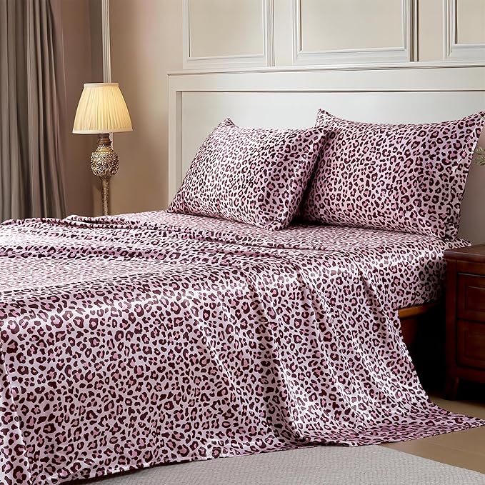 MR&HM Satin Bed Sheets with Elastic Corner Straps, King Size Sheets Set, 4 Pcs Silky Bedding Set with 15 Inches Deep Pocket for Mattress (King, Pink Leopard)