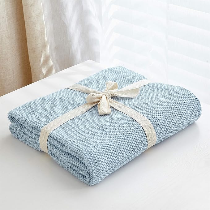 Longhui bedding 100% Cotton Light Blue Cable Knit Throw Blanket for Couch Sofa Bed Home Décor – Lightweight 50“ x 60”, Bonus Laundering Bag, Machine Washable
