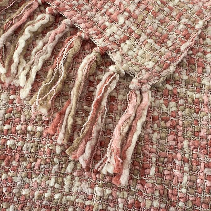 Multi-Color Light Pink Cable Woven Throw Blanket for Couch,50"X60" Boho Style Textured Blankets for Home Decor,Super Soft Warm Cozy Chunky Blanket with Decorative Tassels for Bed