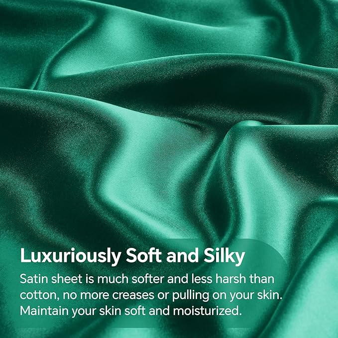 BEDELITE King Size Sheets Set, Luxury Soft Dark Green Satin Sheets for Hair and Skin, Similar to Silk Bed Sheets Set 4 Pieces with 1 Deep Pocket Fitted Sheet, 1 Flat Sheet, and 2 Pillowcases