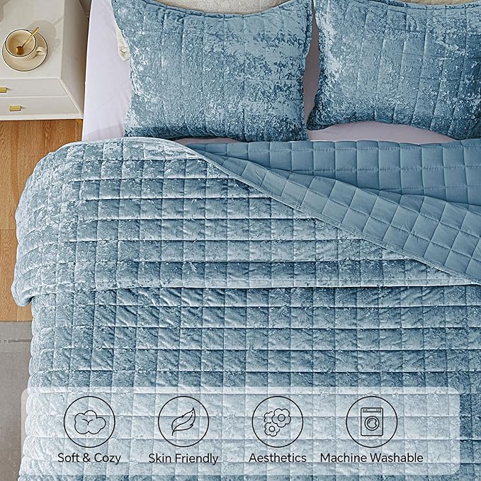 BEDELITE Velvet Quilt Set King Size - Luxury Velvet Comforter Bedding Set 3 Pieces, Lightweight Soft Cozy Shiny Dusty Blue Oversized Bedspread Coverlet for All Seasons with 2 Pillow Shams