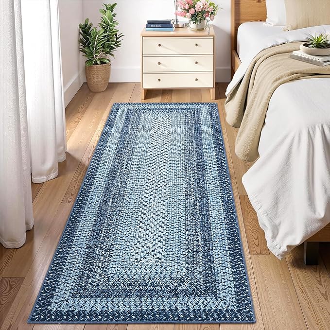 RUGSREAL 2x6 Runner Rug Braided Print Hallway Runner Rug Boho Rug Machine Washable Throw Floor Cover Non Slip Moroccan Carpet for Kitchen Farmhouse Rustic Runner for Living Room Bedroom, Blue