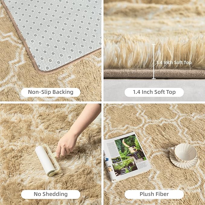 Litanika 8x10 Geometric Shag Area Rug for Bedroom, Camel and White High Pile Ultra Soft Plush Shaggy Furry Bedside Playroom Dorm Carpet, Non-Slip, Non-Shedding Indoor Floor Rug