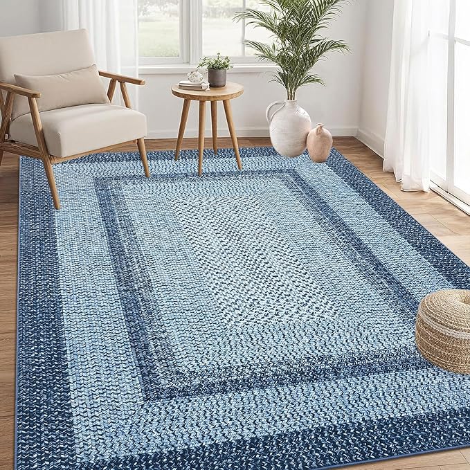 RUGSREAL 8x10 Braided Print Area Rug Washable Rug Non Slip Farmhouse Rustic Floor Carpet Boho Dining Room Carpet Modern Geometric Throw Floor Cover Bohemian Border Rug for Living Room Bedroom, Blue