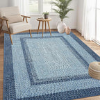 RUGSREAL 10x13 Large Living Room Rug Braided Print Rugs Boho Accent Throw Carpet Farmhouse Rustic Non Slip Geometric Bordered Area Rug Bohemian Carpet for Bedroom Home Decor Office, Blue