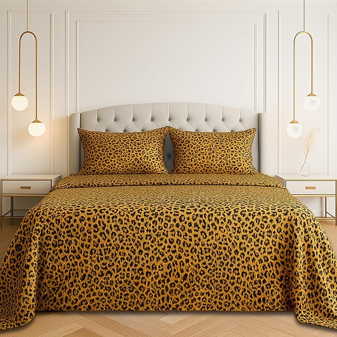Satin Sheets California King [4-Piece, Gold Leopard] Luxury Silky Bed Sheets - Extra Soft 1800 Microfiber Sheet Set, Wrinkle, Fade, Stain Resistant - Deep Pocket Fitted Sheet, Flat Sheet, Pillow Cases