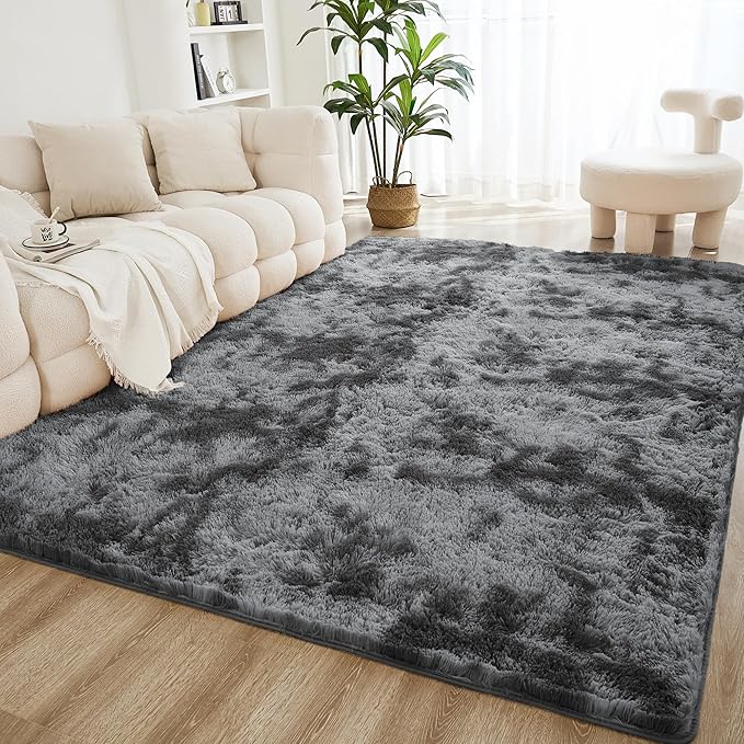 Litanika 9x12 Shag Area Rug for Living Room Bedroom, Tie-Dyed Dark Grey High Pile Soft Plush Shaggy Furry Bedside Playroom Dorm Carpet, Non-Slip, Non-Shedding Modern Indoor Floor Rug
