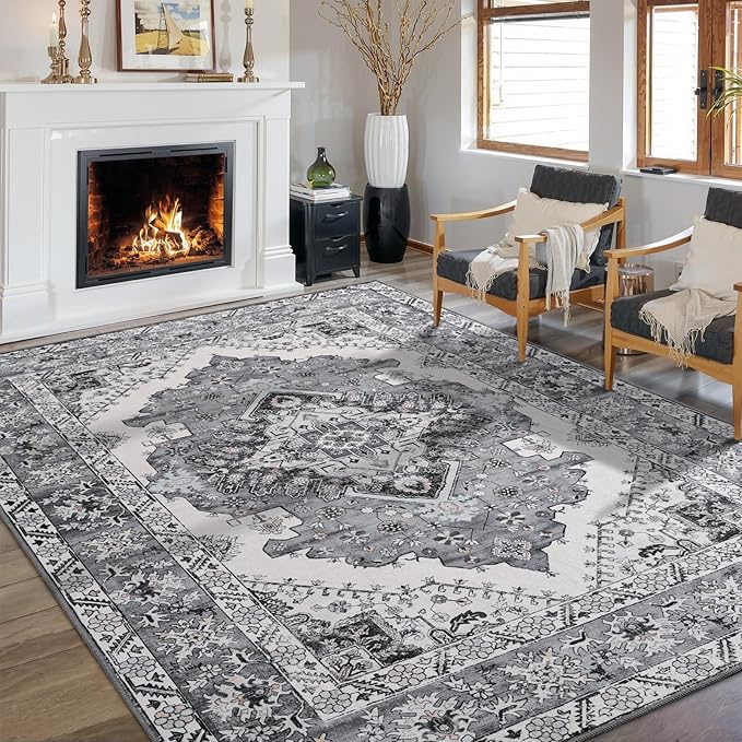 CRYPTOLITE Living Room Rug 7x10, Machine Washable Area Rug Non Slip Low Pile Rug for Living Room, Bedroom, Farmhouse, Dining Room, Grey