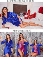 Ekouaer Women's Satin Robe Valentines Lingerie for Women Kimono Bathrobe Short Ruffle Belted Robes Bridesmaids Sleepwear