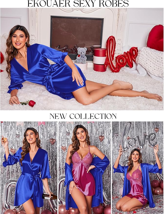 Ekouaer Women's Satin Robe Valentines Lingerie for Women Kimono Bathrobe Short Ruffle Belted Robes Bridesmaids Sleepwear