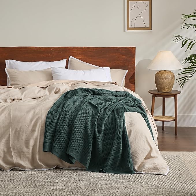 Bedsure Gentlesoft 100% Cotton Throw Blanket for Couch 50x70 inches - Breathable and Soft for Spring Summer, Waffle Weave Throw Blanket for Office, Dark Green