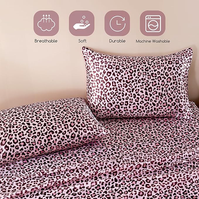 MR&HM Satin Bed Sheets with Elastic Corner Straps, King Size Sheets Set, 4 Pcs Silky Bedding Set with 15 Inches Deep Pocket for Mattress (King, Pink Leopard)